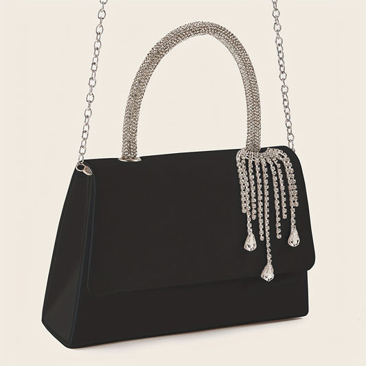 1pc Elegant Rhinestone Pendant Women'S Party Clutch, a Glorious Solid Color Rhinestone Handle Women'S Handbag, with a Hidden Card Pocket Compartment, a Perfect Women'S Wallet Featuring a Detachable Metal Chain, a Single Shoul