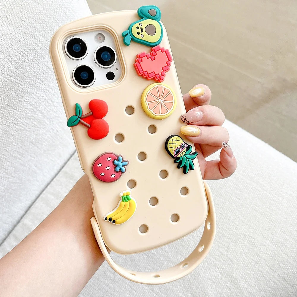 coque telephone chaussure crocs, DIY Soft Silicone For Crocs Charms Phone Case For iPhone 17 16 15 14 13 12 11 Pro Max X XS Plus Candy Color Breathable Cover