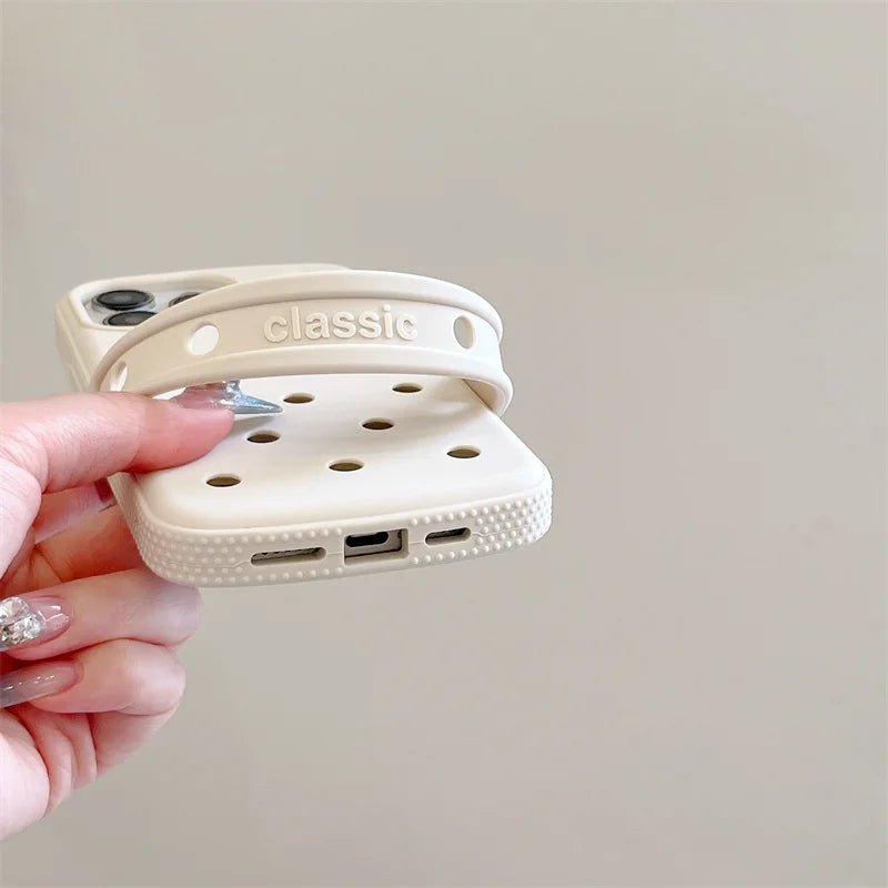 coque de telephone chaussure crocs, For Crocs Charms DIY Hole Matte Silicone Phone Case For iPhone 15 16 14 13 12 11 Pro Max 15 14 Plus Shockproof Soft Back Cover