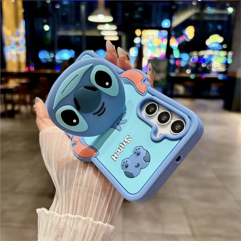 coque de telephone stitch Cute 3D Cartoon With Makeup Mirror Holder Soft Silicone Phone Case For Samsung Galaxy A15 A06 A16 A26 A35 A55 5G Bracket Cover