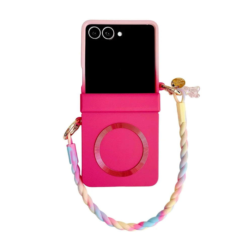 coque de telephone Z FLIP Skin Feeling Wireless Magnetic Lanyard Phone Case For Samsung Galaxy Z Flip 3 4 5 6 7 Zflip7 Macaron Gradient Cord PC Hard Shell