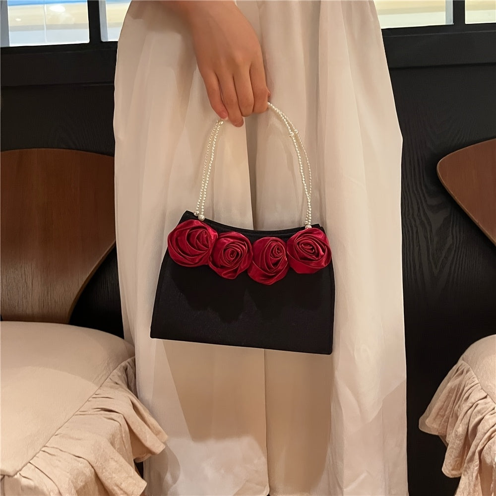 Elegant Black & Red Rose Applique Clutch with Pearl Chain Strap - Luxurious Polyester Evening Bag for Weddings, Parties, and Formal Events, Formal Event Bag|Elegant Clutch|Durable Zipper Closure, Rose Golden Accessories