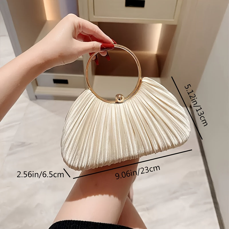 Elegant Satin Pleated Evening Clutch with Golden-Tone Ring Handle - Chic Round Shoulder Bag for Parties, Galas & Formal Events, Black, Party Accessory, Sophisticated Design, Smooth Texture Finish