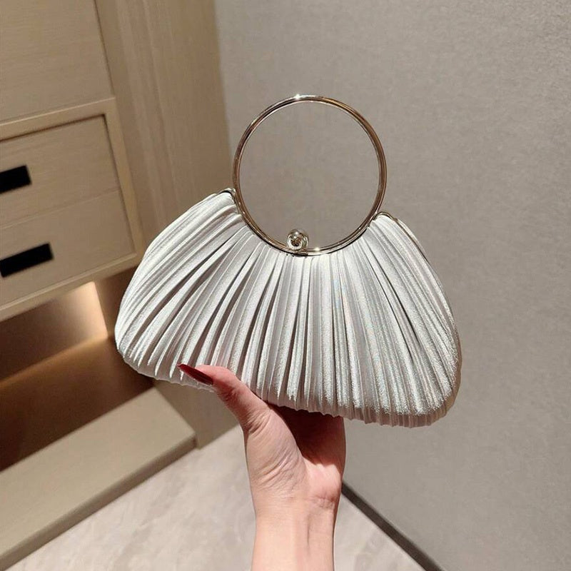 Elegant Satin Pleated Evening Clutch with Golden-Tone Ring Handle - Chic Round Shoulder Bag for Parties, Galas & Formal Events, Black, Party Accessory, Sophisticated Design, Smooth Texture Finish