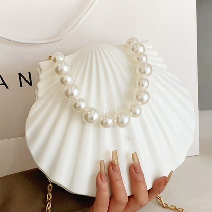 Elegant White Shell-Shaped Evening Clutch with Pearl Beaded Chain Strap - Chic Acrylic Bridal Handbag, Polyester Lined, Perfect for Weddings & Formal Parties, Wedding Accessories