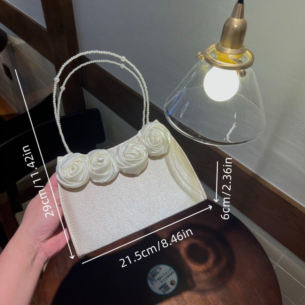 Elegant Black & Red Rose Applique Clutch with Pearl Chain Strap - Luxurious Polyester Evening Bag for Weddings, Parties, and Formal Events, Formal Event Bag|Elegant Clutch|Durable Zipper Closure, Rose Golden Accessories