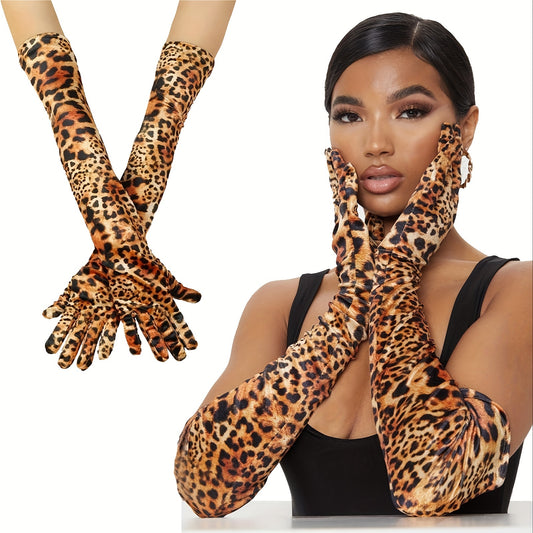 1 Pair YZNT Women'S Leopard Print Velvet Long Gloves - Stretchy Polyester, Machine Washable, Bold Animal Pattern for Parties, Performances & Evening Wear, Elegant Design with Black & Brown Leopard Print, Party Accessories, Pe