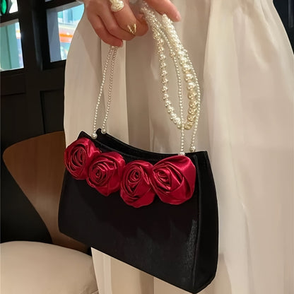 Elegant Black & Red Rose Applique Clutch with Pearl Chain Strap - Luxurious Polyester Evening Bag for Weddings, Parties, and Formal Events, Formal Event Bag|Elegant Clutch|Durable Zipper Closure, Rose Golden Accessories