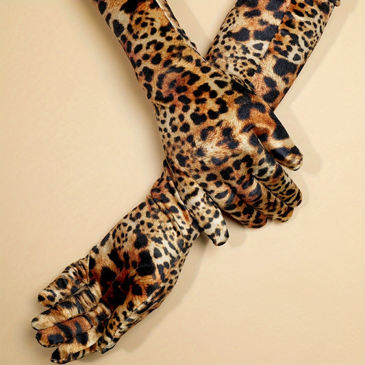 1 Pair YZNT Women'S Leopard Print Velvet Long Gloves - Stretchy Polyester, Machine Washable, Bold Animal Pattern for Parties, Performances & Evening Wear, Elegant Design with Black & Brown Leopard Print, Party Accessories, Pe