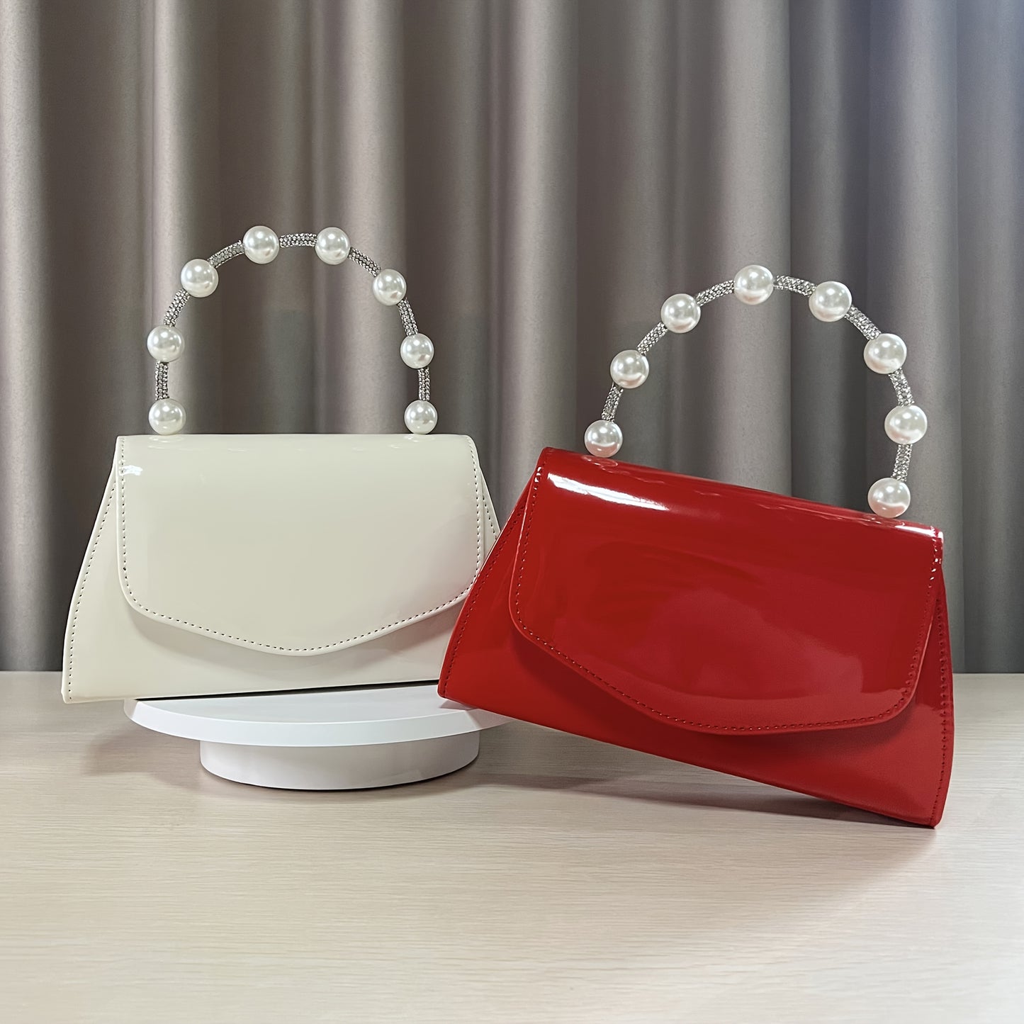 Women's Evening Clutch Purse with Accents - White & Red Luxury Glossy Handbag for Weddings, Parties, Galas - Elegant Bridal Party Accessory