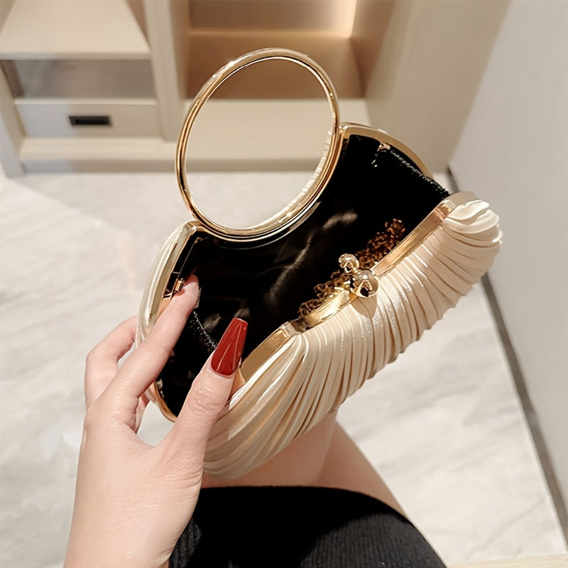 Elegant Satin Pleated Evening Clutch with Golden-Tone Ring Handle - Chic Round Shoulder Bag for Parties, Galas & Formal Events, Black, Party Accessory, Sophisticated Design, Smooth Texture Finish