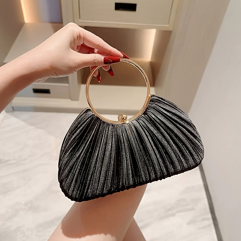 Elegant Satin Pleated Evening Clutch with Golden-Tone Ring Handle - Chic Round Shoulder Bag for Parties, Galas & Formal Events, Black, Party Accessory, Sophisticated Design, Smooth Texture Finish