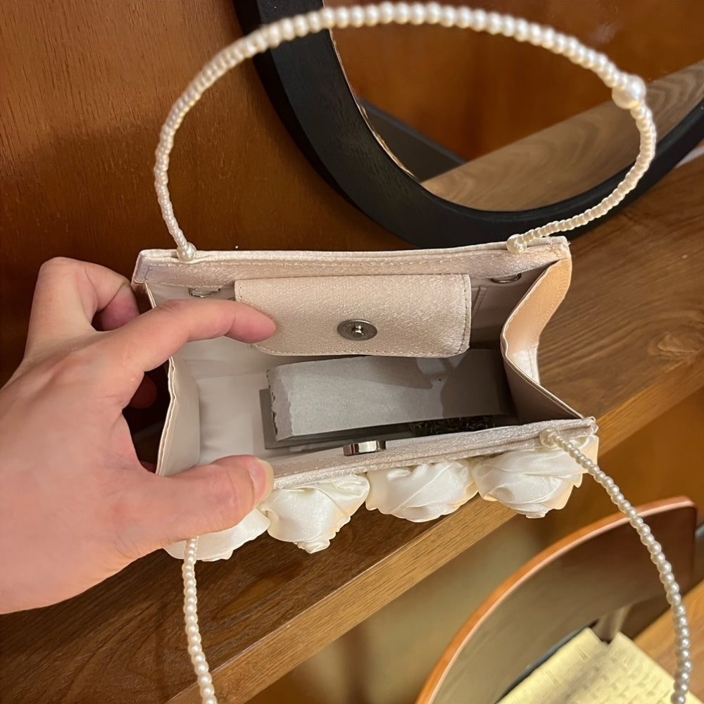 Elegant Black & Red Rose Applique Clutch with Pearl Chain Strap - Luxurious Polyester Evening Bag for Weddings, Parties, and Formal Events, Formal Event Bag|Elegant Clutch|Durable Zipper Closure, Rose Golden Accessories