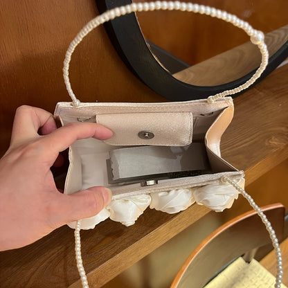 Elegant Black & Red Rose Applique Clutch with Pearl Chain Strap - Luxurious Polyester Evening Bag for Weddings, Parties, and Formal Events, Formal Event Bag|Elegant Clutch|Durable Zipper Closure, Rose Golden Accessories