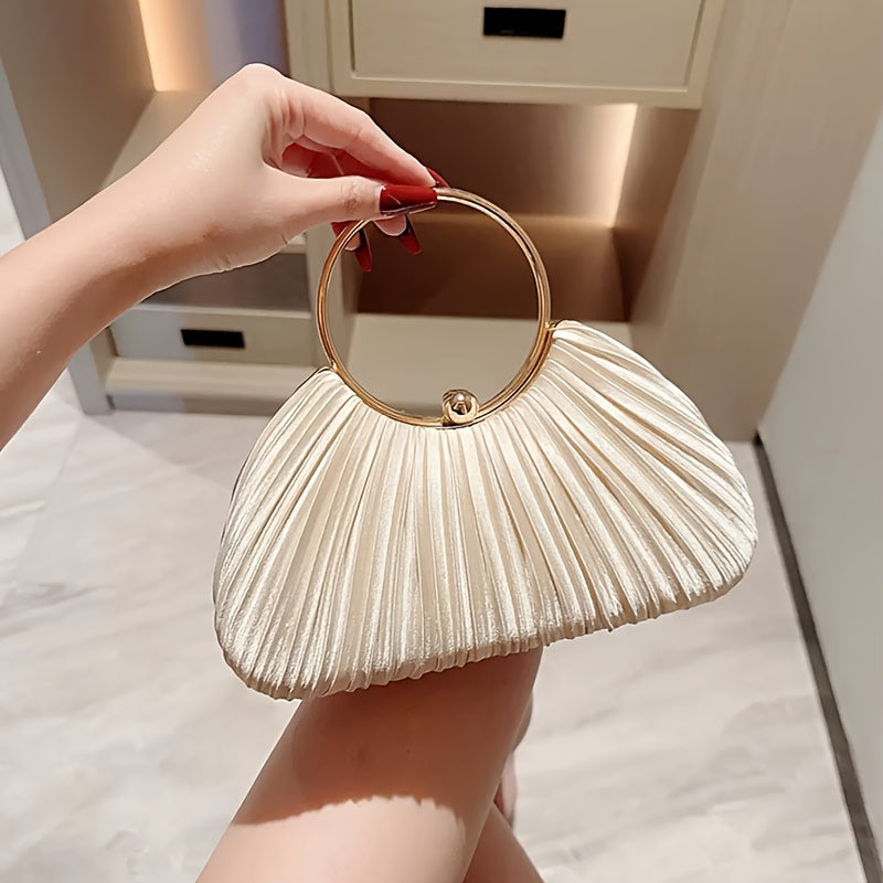 Elegant Satin Pleated Evening Clutch with Golden-Tone Ring Handle - Chic Round Shoulder Bag for Parties, Galas & Formal Events, Black, Party Accessory, Sophisticated Design, Smooth Texture Finish