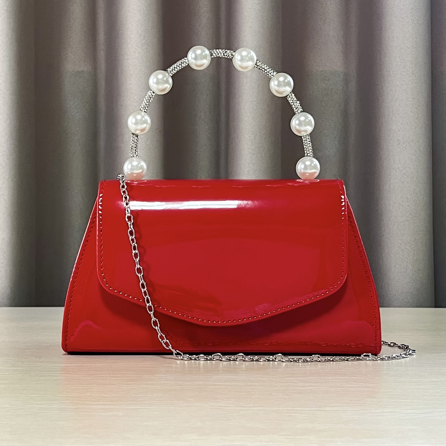 Women's Evening Clutch Purse with Accents - White & Red Luxury Glossy Handbag for Weddings, Parties, Galas - Elegant Bridal Party Accessory