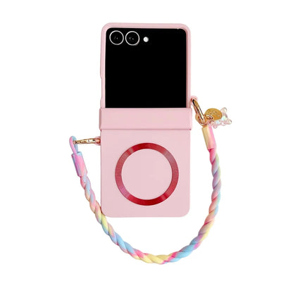 coque de telephone Z FLIP Skin Feeling Wireless Magnetic Lanyard Phone Case For Samsung Galaxy Z Flip 3 4 5 6 7 Zflip7 Macaron Gradient Cord PC Hard Shell