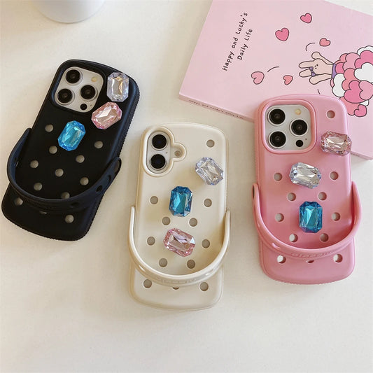 coque de telephone chaussure crocs, Holes for Crocs Liquid Silicone Phone Case for iPhone 16 15 14 13 11 12 Pro Max Plus with Diamond Wrist Holder Solid Cover