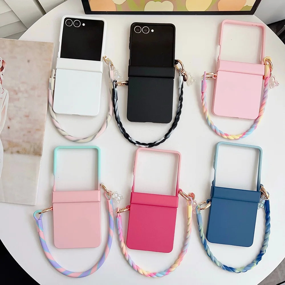 coque de telephone Z FLIP Skin Feeling Wireless Magnetic Lanyard Phone Case For Samsung Galaxy Z Flip 3 4 5 6 7 Zflip7 Macaron Gradient Cord PC Hard Shell
