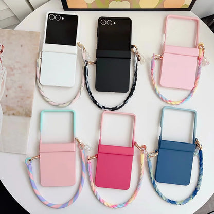 coque de telephone Z FLIP Skin Feeling Wireless Magnetic Lanyard Phone Case For Samsung Galaxy Z Flip 3 4 5 6 7 Zflip7 Macaron Gradient Cord PC Hard Shell