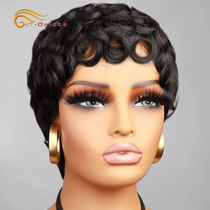 Pixie Cut Wigs 100% Human Hair Wigs Short Curly Pixie Cut Wigs For Black Women Full Machine Made Wig Pixie Curly Black 1B Color