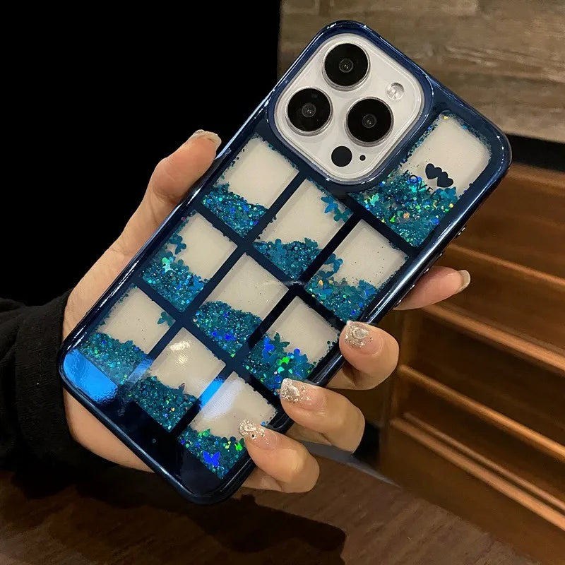 coque a paillette pour iphone 15 14 Pro Max Plus 11 12 13 Colorful Bling Butterfly Lattice Plating Soft Cover