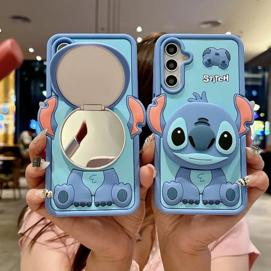 coque de telephone stitch Cute 3D Cartoon With Makeup Mirror Holder Soft Silicone Phone Case For Samsung Galaxy A15 A06 A16 A26 A35 A55 5G Bracket Cover