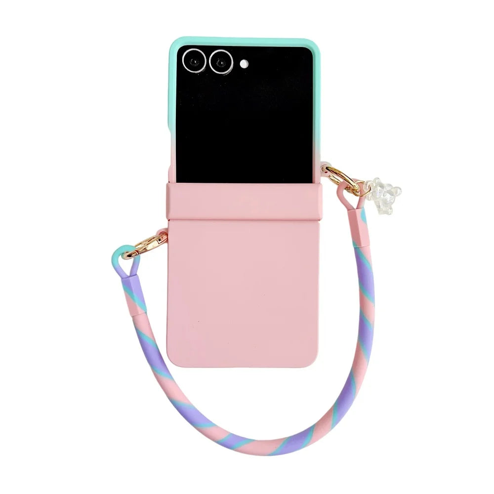 coque de telephone Z FLIP Skin Feeling Wireless Magnetic Lanyard Phone Case For Samsung Galaxy Z Flip 3 4 5 6 7 Zflip7 Macaron Gradient Cord PC Hard Shell