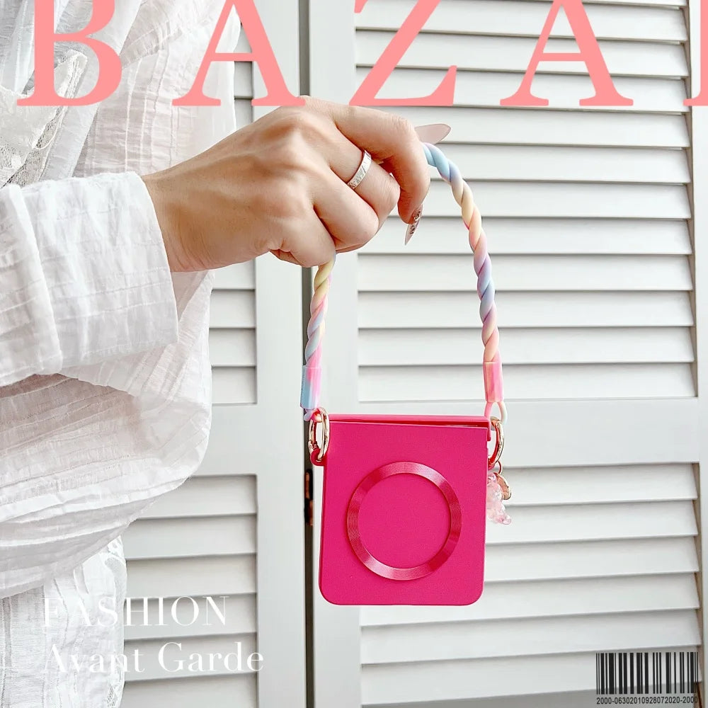 coque de telephone Z FLIP Skin Feeling Wireless Magnetic Lanyard Phone Case For Samsung Galaxy Z Flip 3 4 5 6 7 Zflip7 Macaron Gradient Cord PC Hard Shell