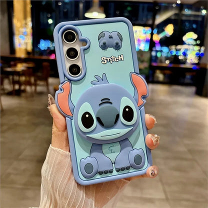 coque de telephone stitch Cute 3D Cartoon With Makeup Mirror Holder Soft Silicone Phone Case For Samsung Galaxy A15 A06 A16 A26 A35 A55 5G Bracket Cover