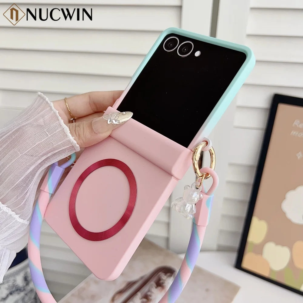 coque de telephone Z FLIP Skin Feeling Wireless Magnetic Lanyard Phone Case For Samsung Galaxy Z Flip 3 4 5 6 7 Zflip7 Macaron Gradient Cord PC Hard Shell