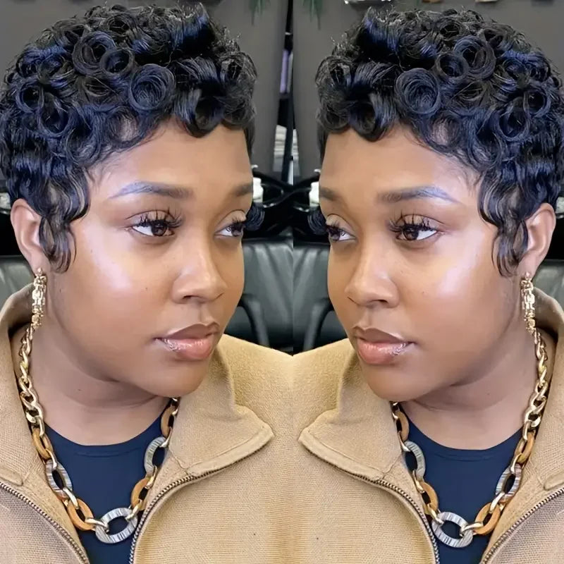 Pixie Cut Wigs 100% Human Hair Wigs Short Curly Pixie Cut Wigs For Black Women Full Machine Made Wig Pixie Curly Black 1B Color