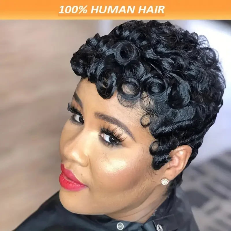 Pixie Cut Wigs 100% Human Hair Wigs Short Curly Pixie Cut Wigs For Black Women Full Machine Made Wig Pixie Curly Black 1B Color