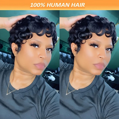 Pixie Cut Wigs 100% Human Hair Wigs Short Curly Pixie Cut Wigs For Black Women Full Machine Made Wig Pixie Curly Black 1B Color