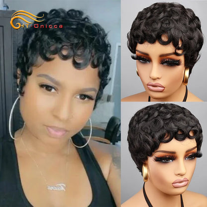 Pixie Cut Wigs 100% Human Hair Wigs Short Curly Pixie Cut Wigs For Black Women Full Machine Made Wig Pixie Curly Black 1B Color