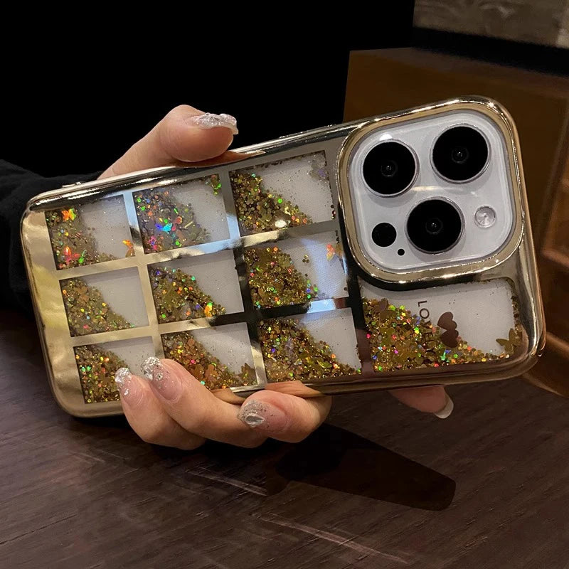 coque a paillette pour iphone 15 14 Pro Max Plus 11 12 13 Colorful Bling Butterfly Lattice Plating Soft Cover