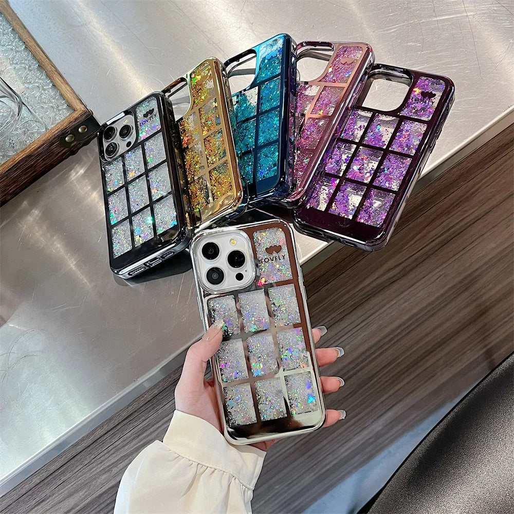 coque a paillette pour iphone 15 14 Pro Max Plus 11 12 13 Colorful Bling Butterfly Lattice Plating Soft Cover