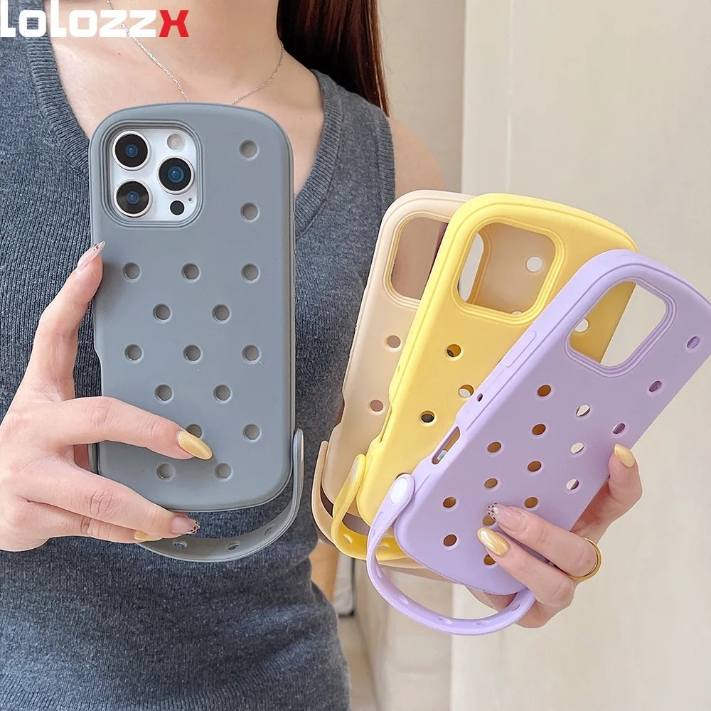 coque telephone chaussure crocs, DIY Soft Silicone For Crocs Charms Phone Case For iPhone 17 16 15 14 13 12 11 Pro Max X XS Plus Candy Color Breathable Cover