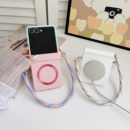 coque de telephone Z FLIP Skin Feeling Wireless Magnetic Lanyard Phone Case For Samsung Galaxy Z Flip 3 4 5 6 7 Zflip7 Macaron Gradient Cord PC Hard Shell