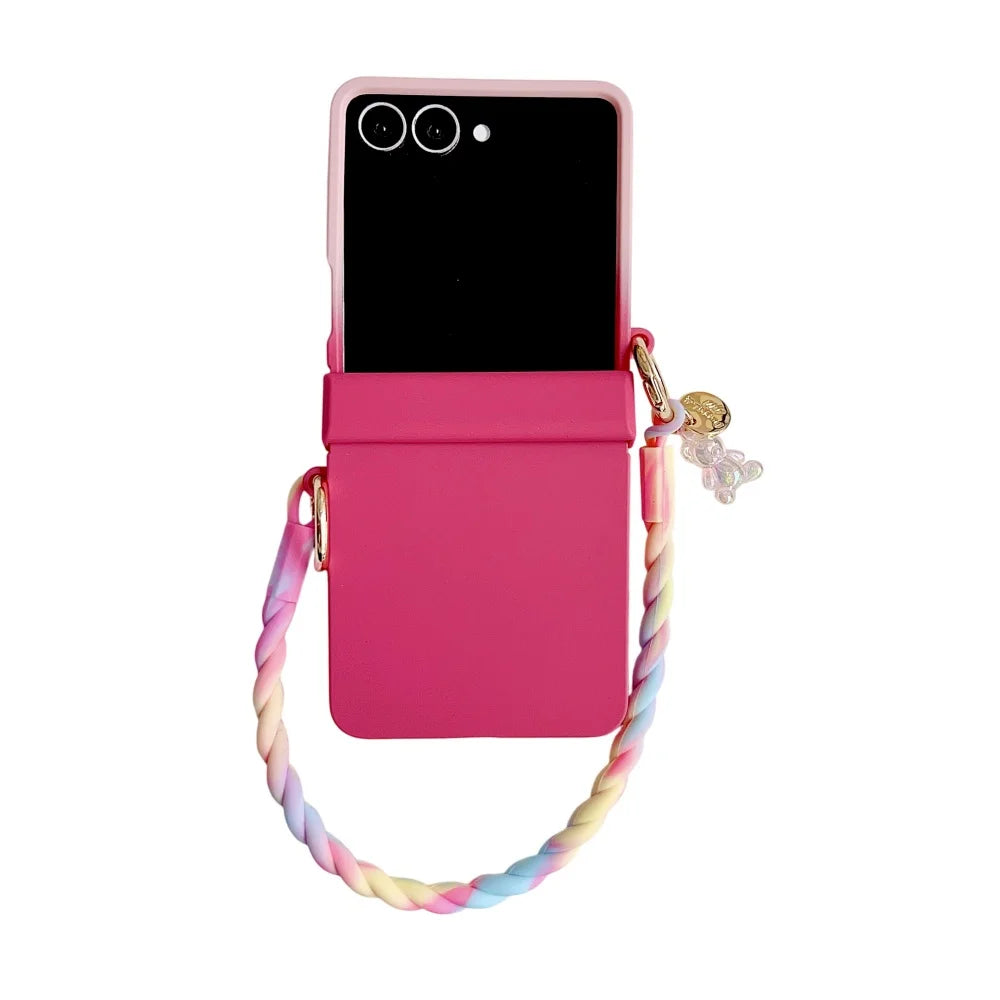 coque de telephone Z FLIP Skin Feeling Wireless Magnetic Lanyard Phone Case For Samsung Galaxy Z Flip 3 4 5 6 7 Zflip7 Macaron Gradient Cord PC Hard Shell