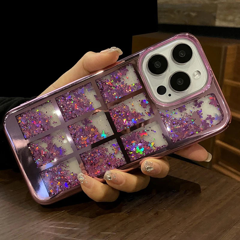 coque a paillette pour iphone 15 14 Pro Max Plus 11 12 13 Colorful Bling Butterfly Lattice Plating Soft Cover