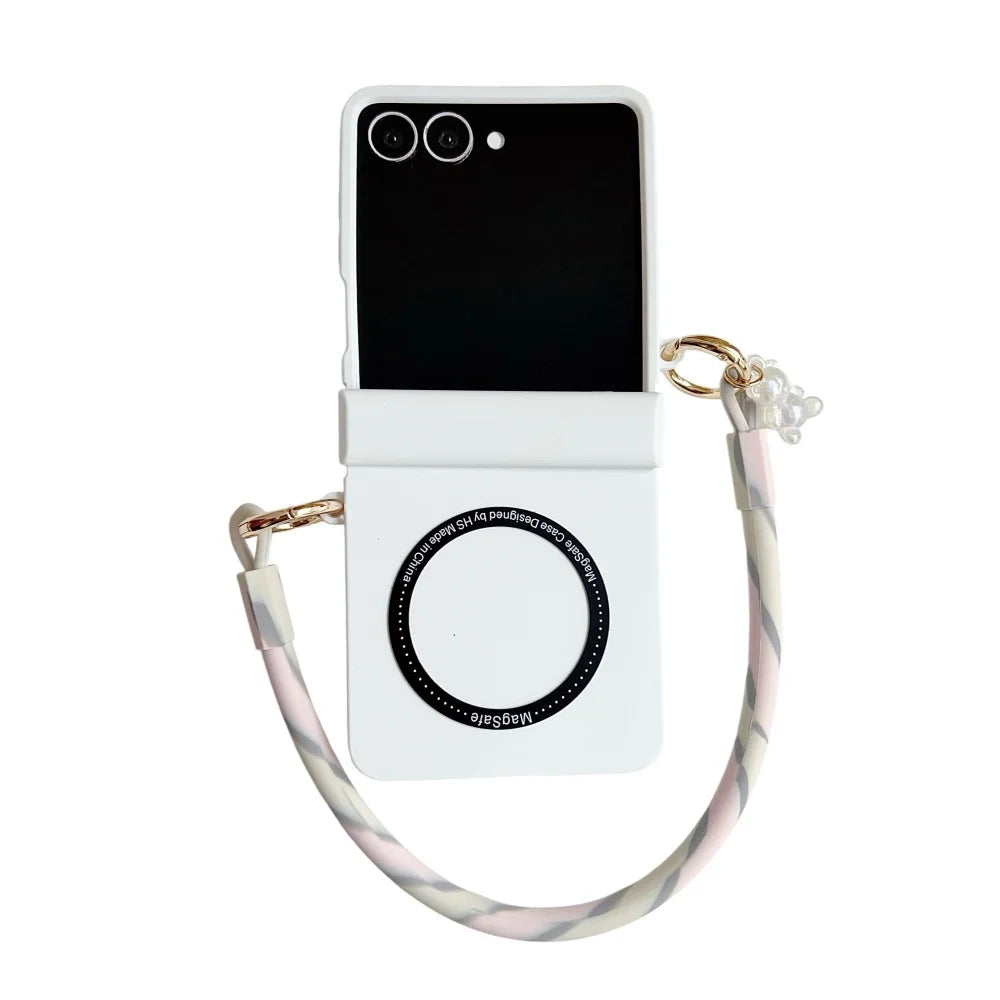 coque de telephone Z FLIP Skin Feeling Wireless Magnetic Lanyard Phone Case For Samsung Galaxy Z Flip 3 4 5 6 7 Zflip7 Macaron Gradient Cord PC Hard Shell