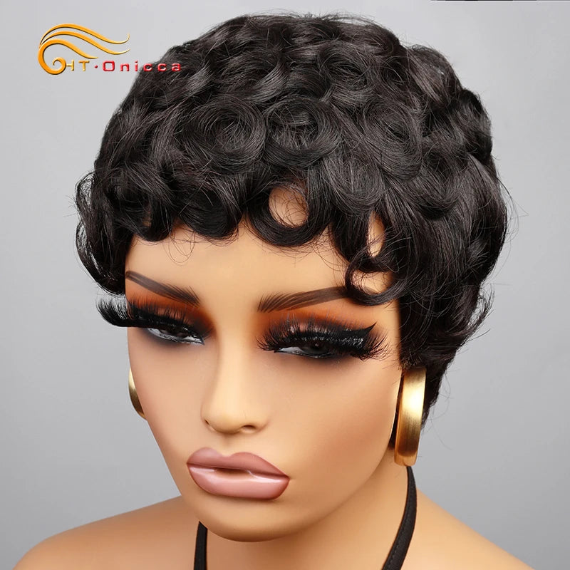 Pixie Cut Wigs 100% Human Hair Wigs Short Curly Pixie Cut Wigs For Black Women Full Machine Made Wig Pixie Curly Black 1B Color