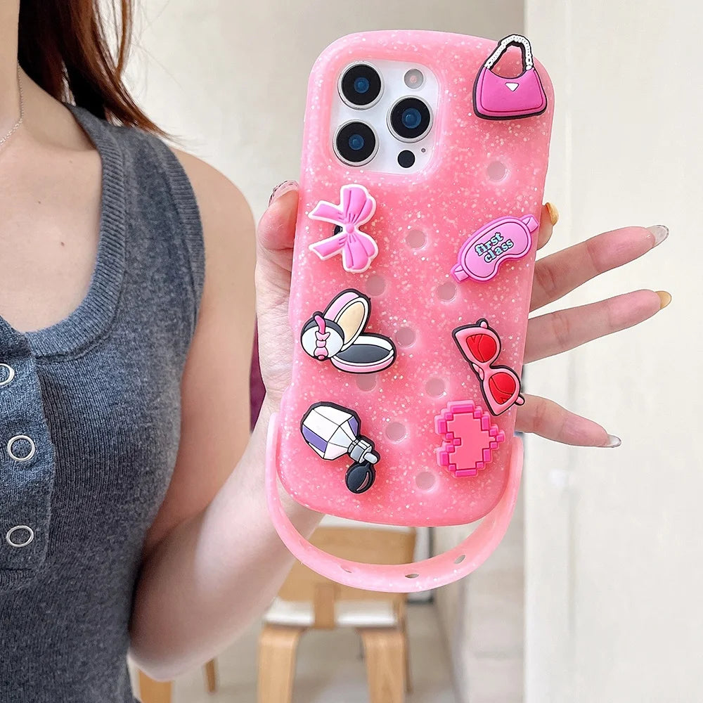 coque telephone chaussure crocs, DIY Soft Silicone For Crocs Charms Phone Case For iPhone 17 16 15 14 13 12 11 Pro Max X XS Plus Candy Color Breathable Cover