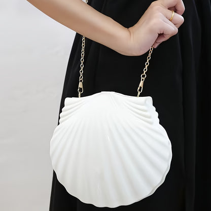 Elegant White Shell-Shaped Evening Clutch with Pearl Beaded Chain Strap - Chic Acrylic Bridal Handbag, Polyester Lined, Perfect for Weddings & Formal Parties, Wedding Accessories