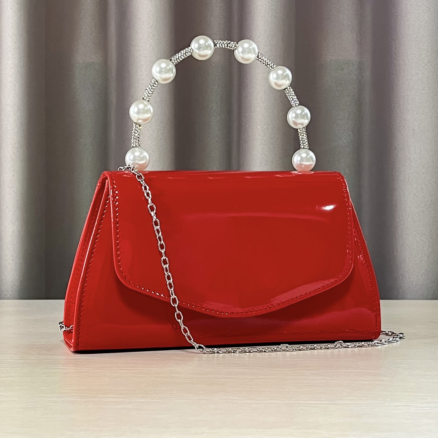 Women's Evening Clutch Purse with Accents - White & Red Luxury Glossy Handbag for Weddings, Parties, Galas - Elegant Bridal Party Accessory