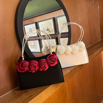 Elegant Black & Red Rose Applique Clutch with Pearl Chain Strap - Luxurious Polyester Evening Bag for Weddings, Parties, and Formal Events, Formal Event Bag|Elegant Clutch|Durable Zipper Closure, Rose Golden Accessories