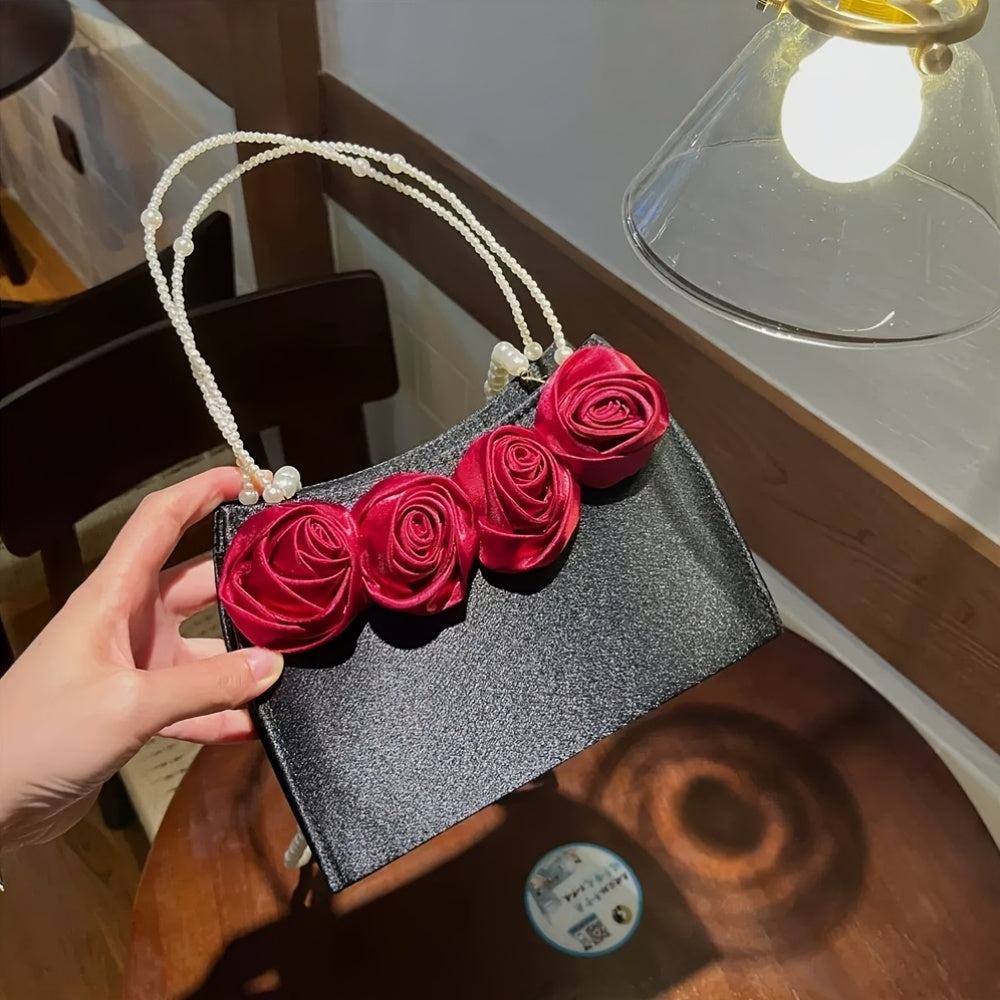 Elegant Black & Red Rose Applique Clutch with Pearl Chain Strap - Luxurious Polyester Evening Bag for Weddings, Parties, and Formal Events, Formal Event Bag|Elegant Clutch|Durable Zipper Closure, Rose Golden Accessories