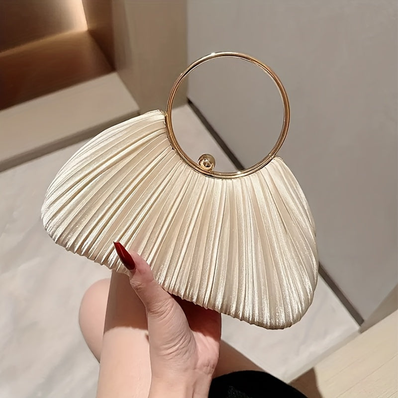Elegant Satin Pleated Evening Clutch with Golden-Tone Ring Handle - Chic Round Shoulder Bag for Parties, Galas & Formal Events, Black, Party Accessory, Sophisticated Design, Smooth Texture Finish