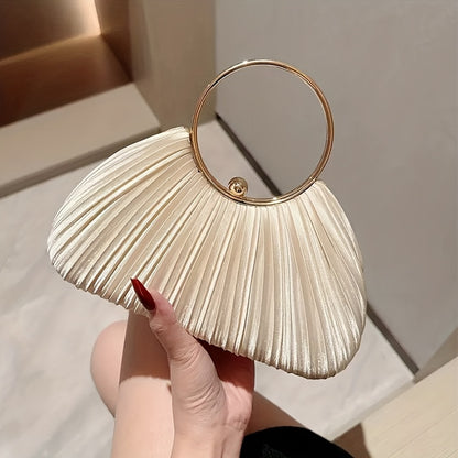 Elegant Satin Pleated Evening Clutch with Golden-Tone Ring Handle - Chic Round Shoulder Bag for Parties, Galas & Formal Events, Black, Party Accessory, Sophisticated Design, Smooth Texture Finish